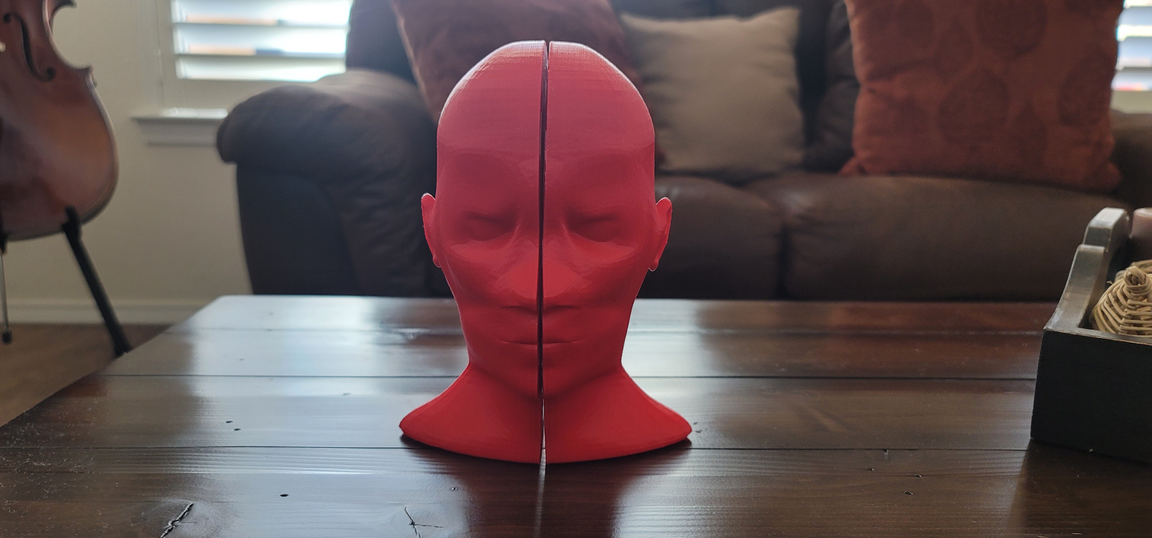 Two 3D printed heads turned outwards to show inside design. 