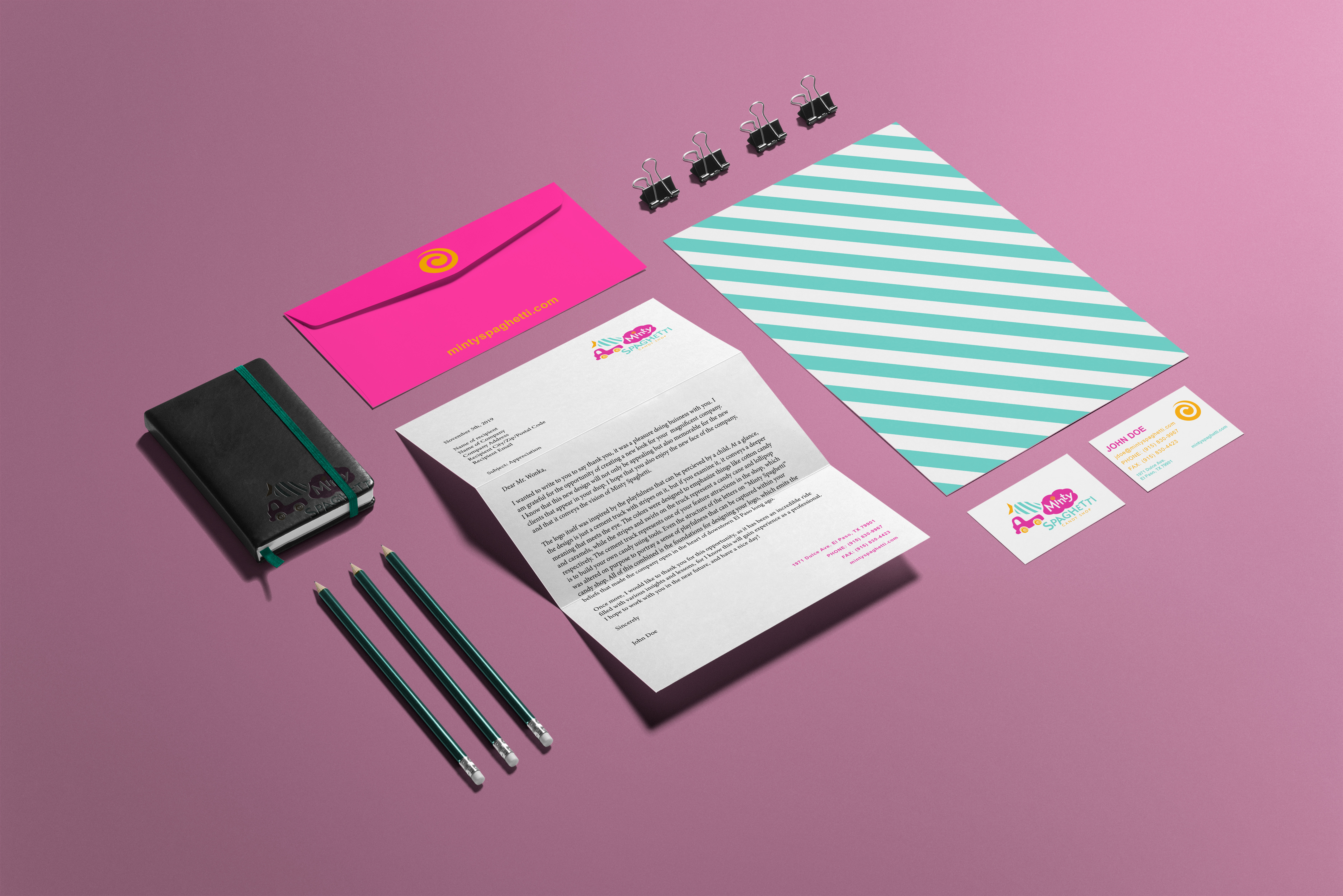 Stationary material for Minty Spaghetti Candy Shop, including a detailed notebook, letter pamphlet, pencils, stationary paper, and business cards