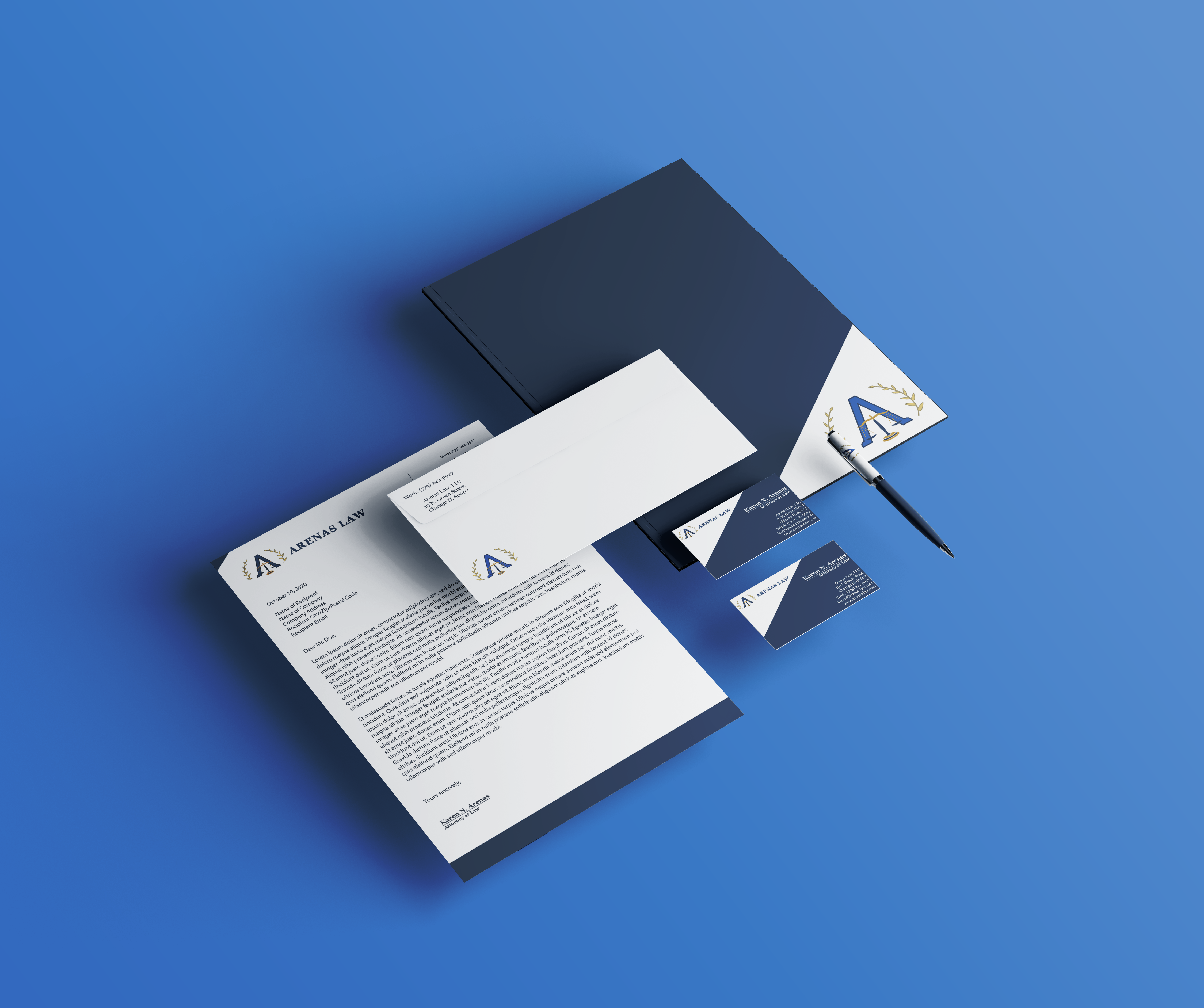 Stationary Branding for Arenas Law, LLC located in Chicago Illinois.